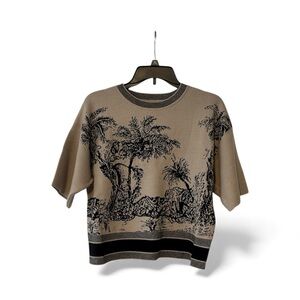 Boutique Palm Motif Viscose Blend Short Sleeve Knit Cropped Sweater Large NEW